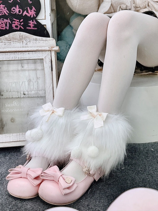 ブラック Y2K フェイクファー 蝶結び レッグウォーマー ポンポン付き