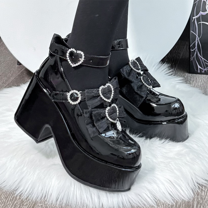 Jirai Kei Polished Black PU Platforms - Mary Janes with Opulent Jacquard Lace Bows & Rhinestones