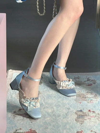 4.5cm Blue Heeled Square Lolita Elegant with Toe Shoes Trim Ruffle