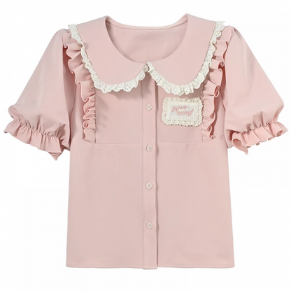 ピンクのフリル付きピーターパンカラーのパフスリーブ、アップリケ刺繍ブラウス