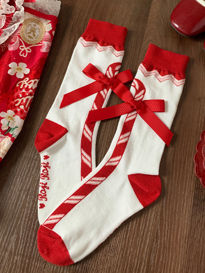 Christmas Red Candy Cane Bowknot Calf Socks
