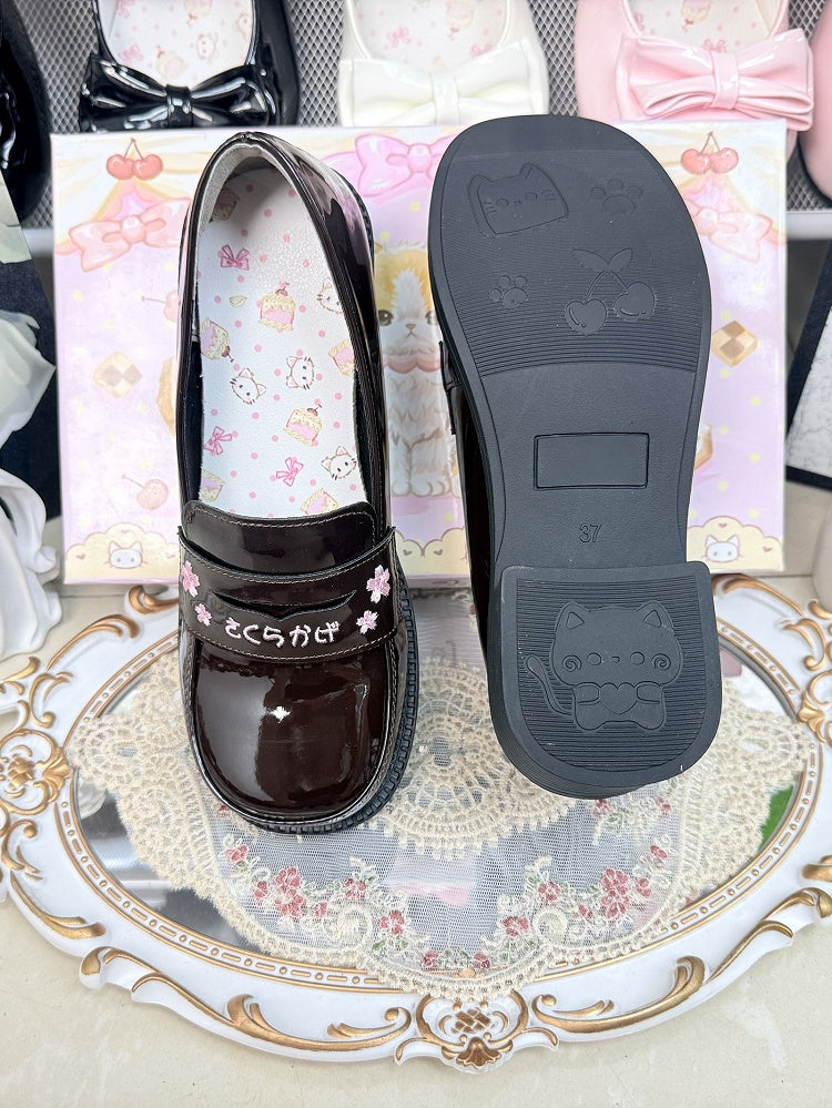 PU Dark Brown Academic Style Slip-On Shoes - Low/Mid Heel with Cherry Blossom & Kanji Embroidery