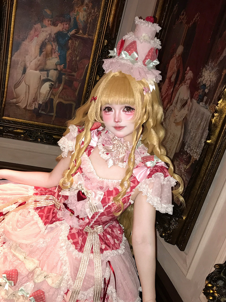Pink Strawberry Cake-Shaped Lolita Hat with Lace Trim - Ball Lolita