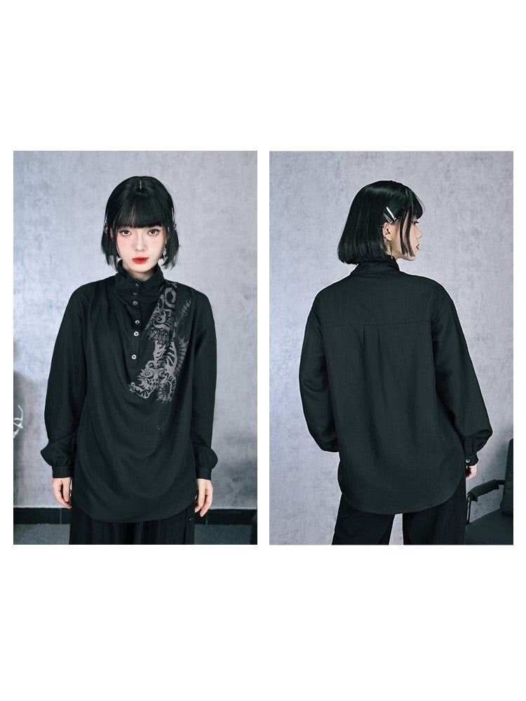 Blouse Cheongsam Five-Poison Ruched with Gothic Black Print Draping