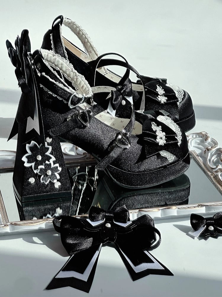 Accents Satin Details Blossom Bow Cherry Lolita Lace Sweet Black - Mary Heel Janes Trim with