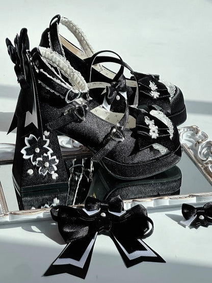Accents Satin Details Blossom Bow Cherry Lolita Lace Sweet Black - Mary Heel Janes Trim with