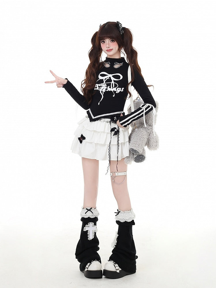 プリントカットアウト、蝶結び、カーブヘム、レッド/ブラック、モックウィングシェイプ、ヴィンテージネック