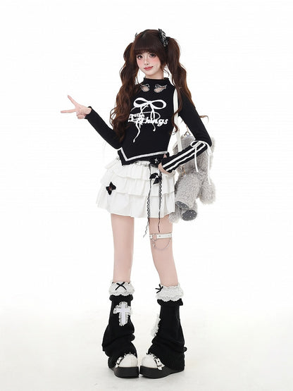 プリントカットアウト、蝶結び、カーブヘム、レッド/ブラック、モックウィングシェイプ、ヴィンテージネック