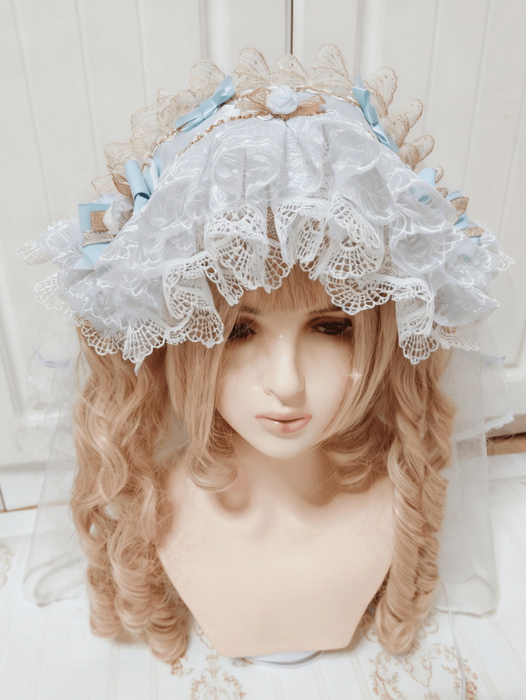 Multi-Layer Blue-White Hairband Lace Gorgeous Lolita Gold-Accented Light