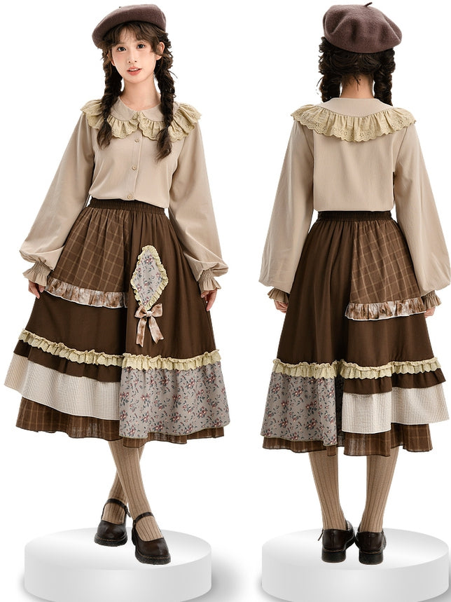 Brown Mori Kei High Waist Patchwork Skirt Lace Trim