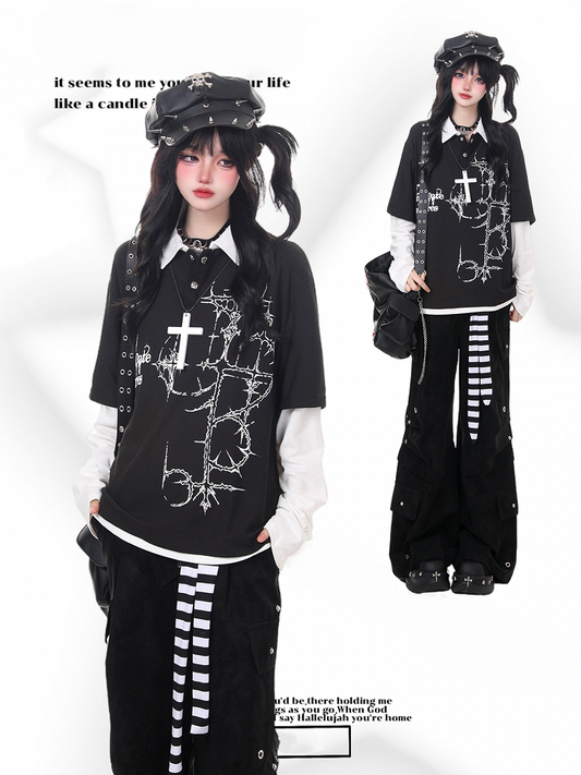 Two-Piece Top Cross Long Sleeve Black Punk Print Faux with