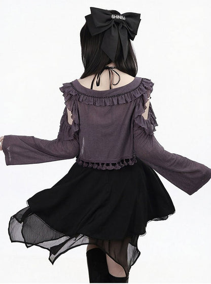 Purple Cutout Shoulder Knit Crop Top with Ruffle - PINK SAVIOR
