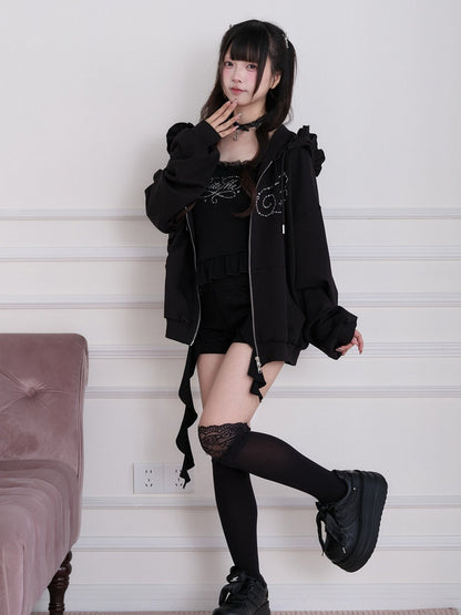 Black Shorts with Cross-Shaped Rhinestone Accents - No Genki