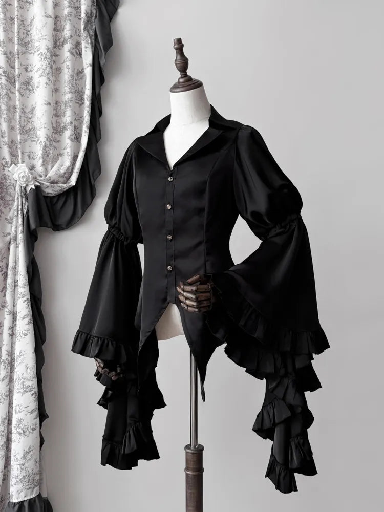 Schwarz / Dunkelblaues Aristocrat Gothic Hemd mit langen Glockenärmeln