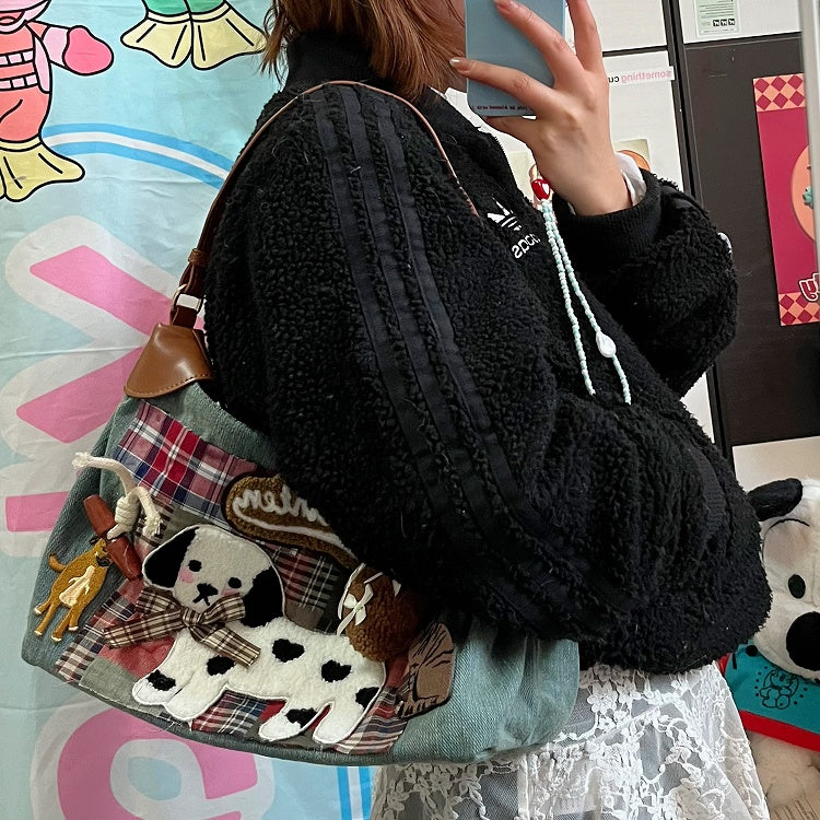 Kitten Puppy Bag and Pink Washed with Vintage Patches Artisanal Blue Plaid Shoulder Denim