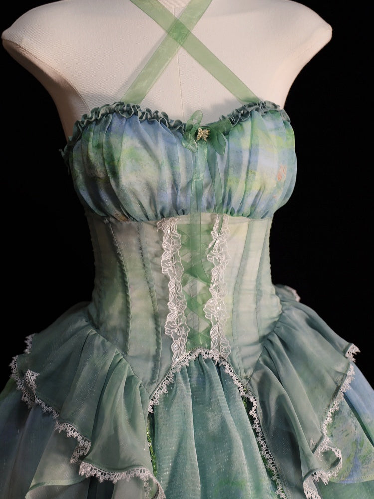 Fairy Oil Tiered Flounce Hem Halter Boned Corset Top Green Painting Print
