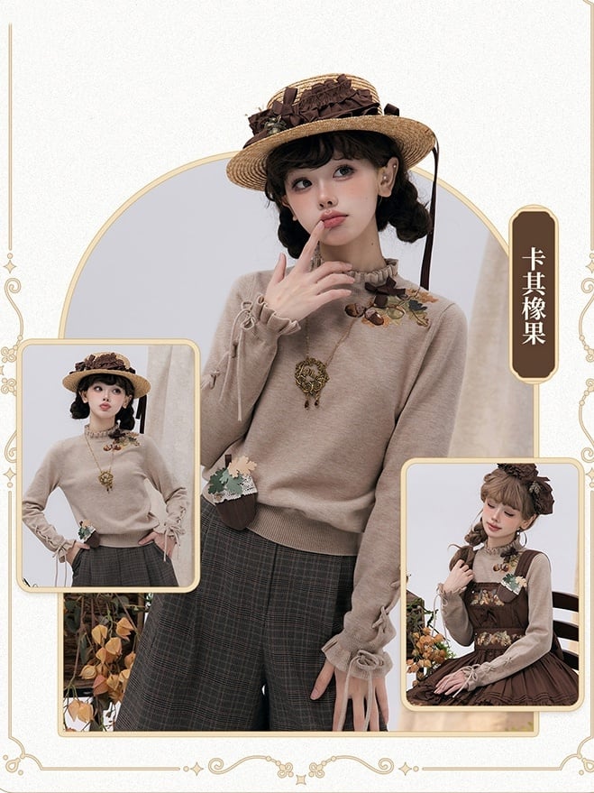Autumn Pinecone Top Manschetten Khaki Ausschnitt Schnürung Strick Stickerei