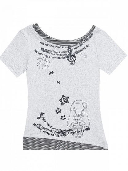 White Y2K Two-Piece Tee with Cartoon Print - Languid Park