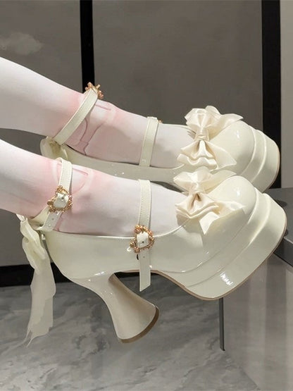 with Platform Heels Accents Bow Sweet Lolita Round-Toe High White