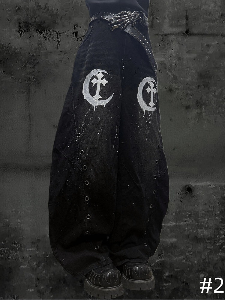 Punk Jeans Moon Detail Rock Wide-leg - with Eyelet Pattern Patch Design Distressed Cross Black