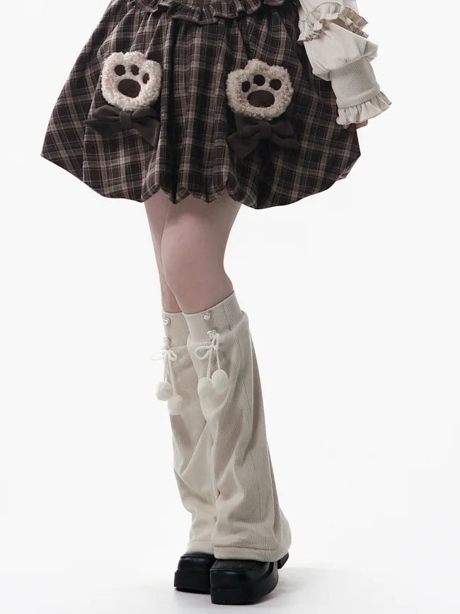 Details with Bow Pompon Kawaii Beaded Leg Accents Beige - Charm Knit Warmers