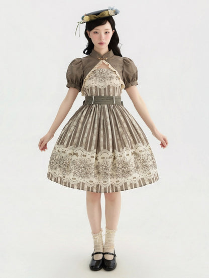 Print Skirt Version Jumper Clock Classic Brown Floral and Short Lolita