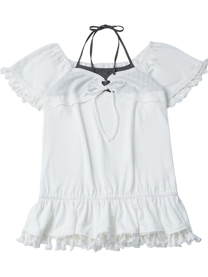 White Faux Two-Piece Flutter Sleeve Top with Tassels - PINK SAVIOR