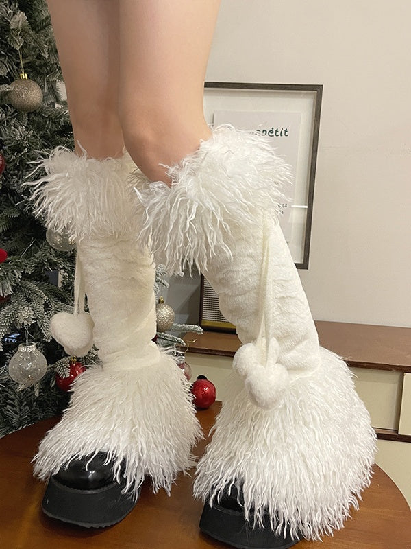 ハート型ポンポン付きホワイトロリータシャギーカフスレッグウォーマー