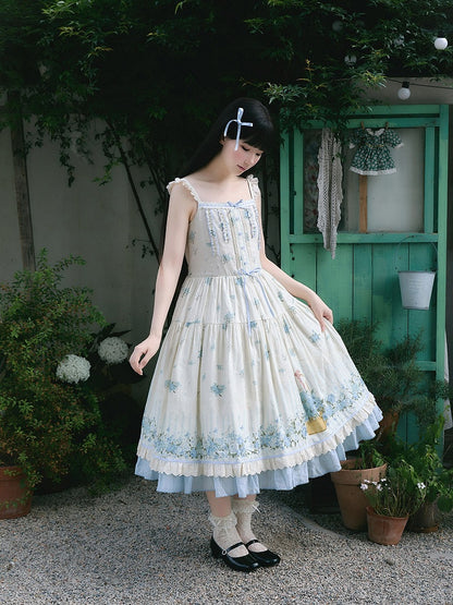 Sweet Lolita Style Summer JSK Dress with Lace & Blue Floral Print - Rock Candy Box