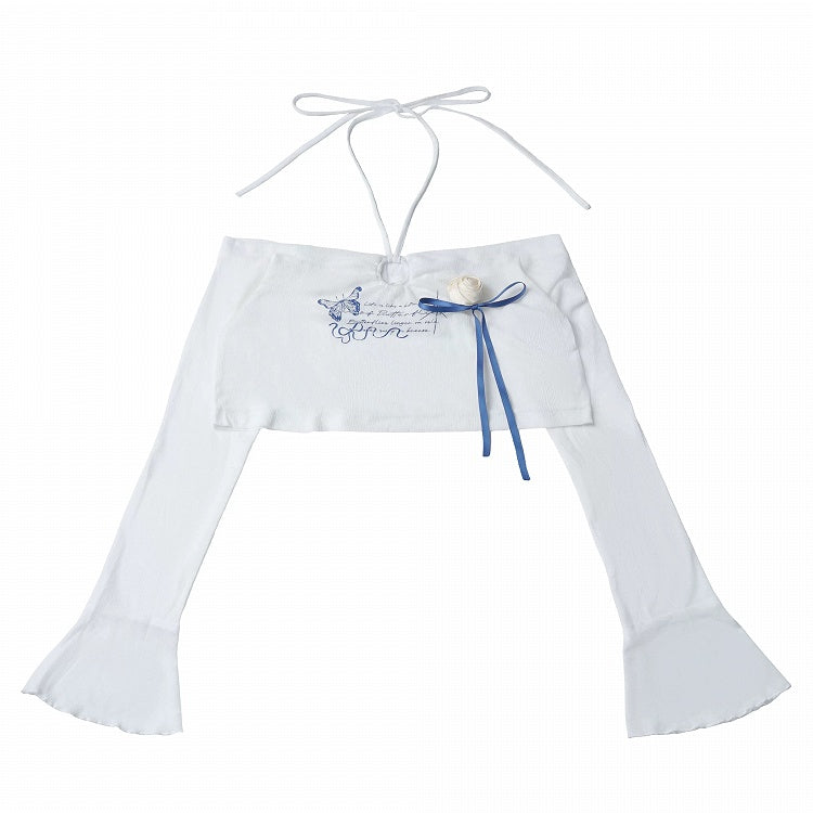 White Flare-Sleeve Cropped Knit Top with Butterfly Print & Rose - PINK SAVIOR