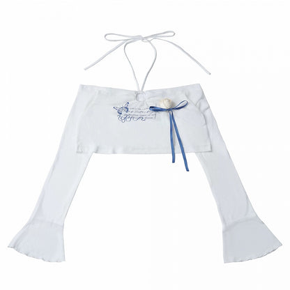 White Flare-Sleeve Cropped Knit Top with Butterfly Print & Rose - PINK SAVIOR