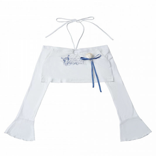 White Flare-Sleeve Cropped Knit Top with Butterfly Print & Rose - PINK SAVIOR