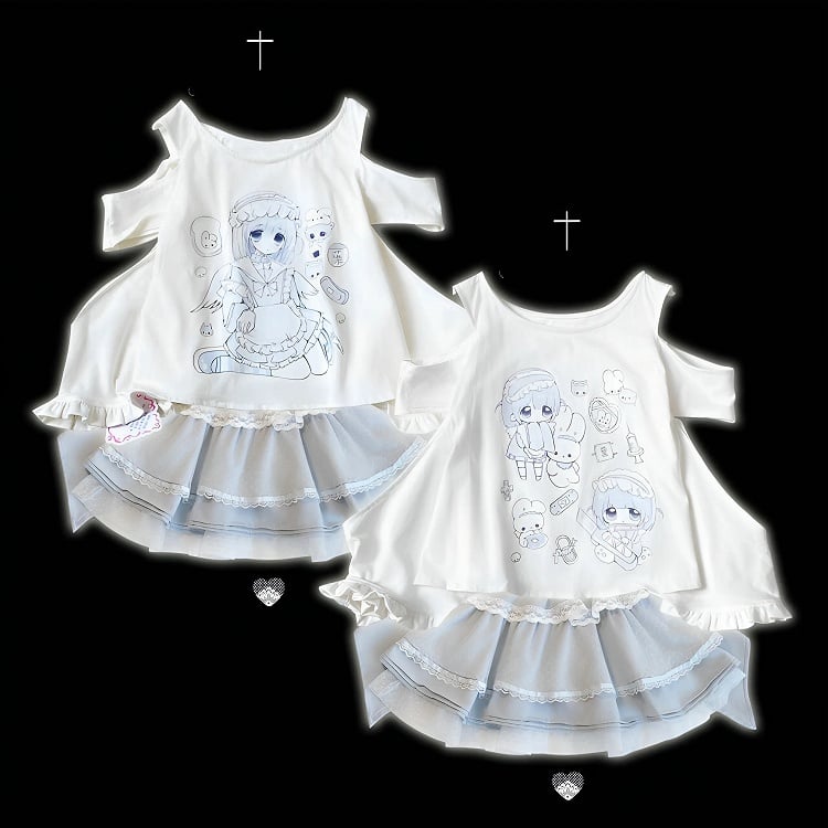 Jirai Kei T-Shirt Yami Kawaii Cartoon Print Ausschnitt Schulter Weiß