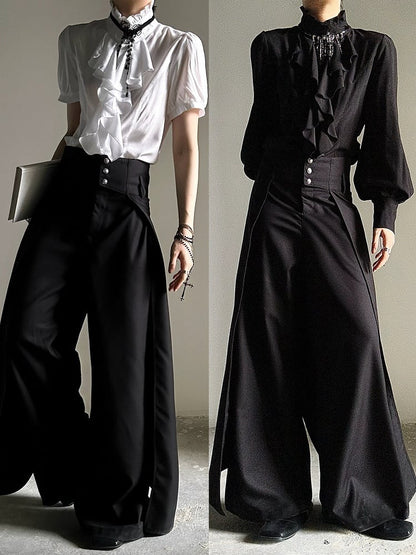 Lolita Buttoned Wide-Leg Panels Ouji with Cincher High-Waisted Draped Pants Black