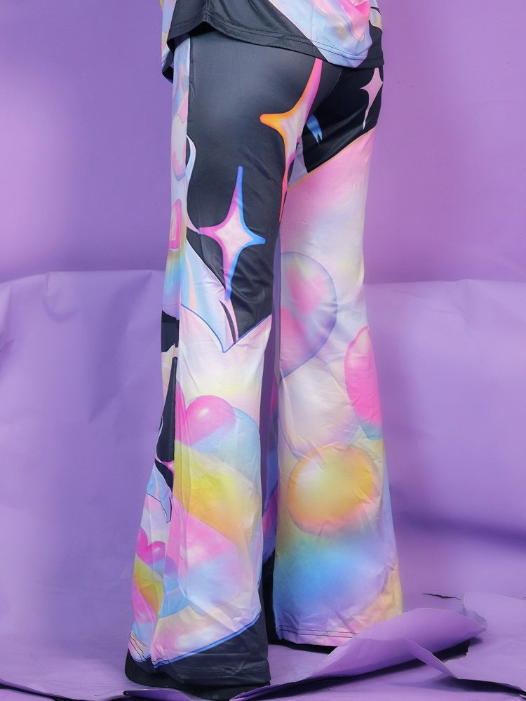 ファッションカラフルなギャルフレア漫画柄パンツ