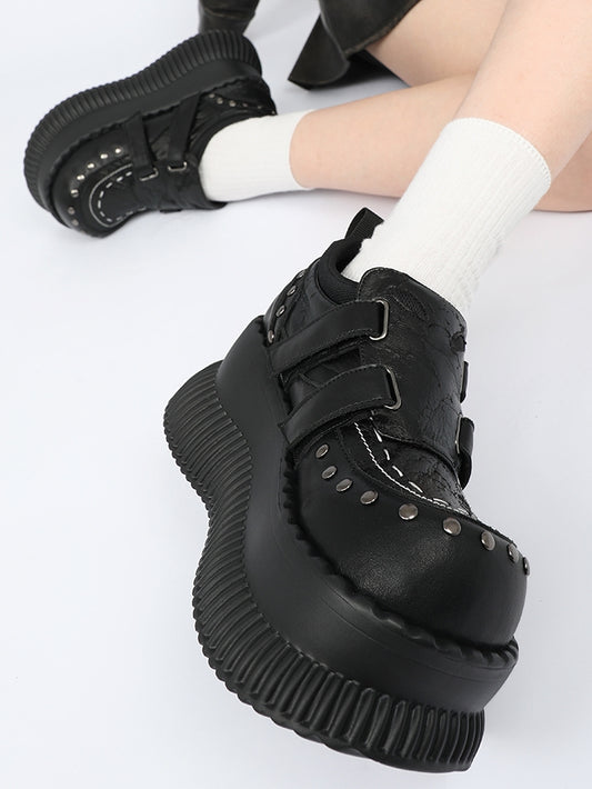Black Velcro Strap with Design Details Studded Platform Closures - Shoes Punk