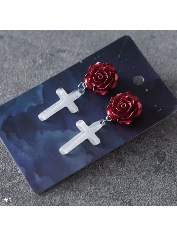 Gothic Rose Earrings with Cross Pendant - Strange Sugar