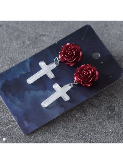 Gothic Rose Earrings with Cross Pendant - Strange Sugar