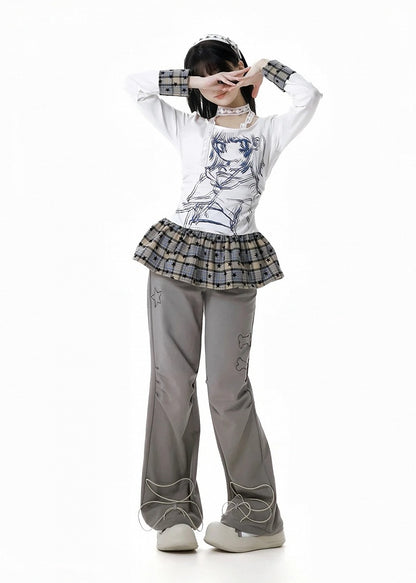 Design Top Round Neck Anime Girl Print Star White/Red Plaid Patchwork Pattern