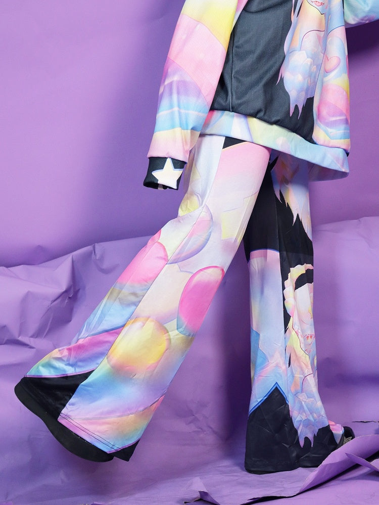 ファッションカラフルなギャルフレア漫画柄パンツ