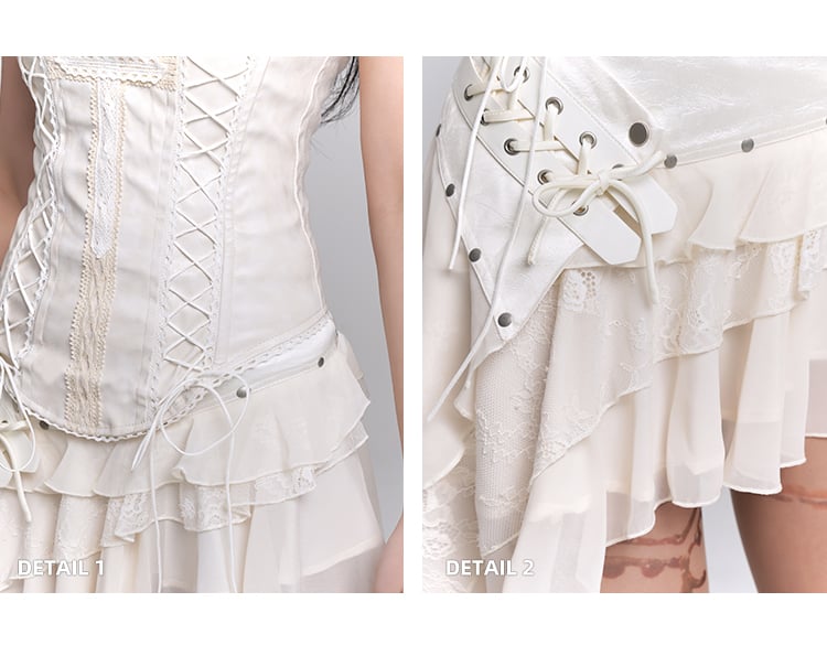 アシンメトリーヘムティアードスカート ストラップレストップ レース編み上げ ベージュクロスアップリケ /