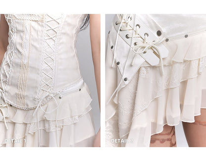 アシンメトリーヘムティアードスカート ストラップレストップ レース編み上げ ベージュクロスアップリケ /