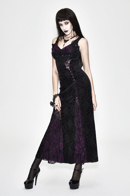 Gothic Fitted Waist Black Purple Rose Lace Dress for Women