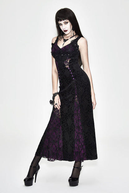Gothic Fitted Waist Black Purple Rose Lace Dress for Women