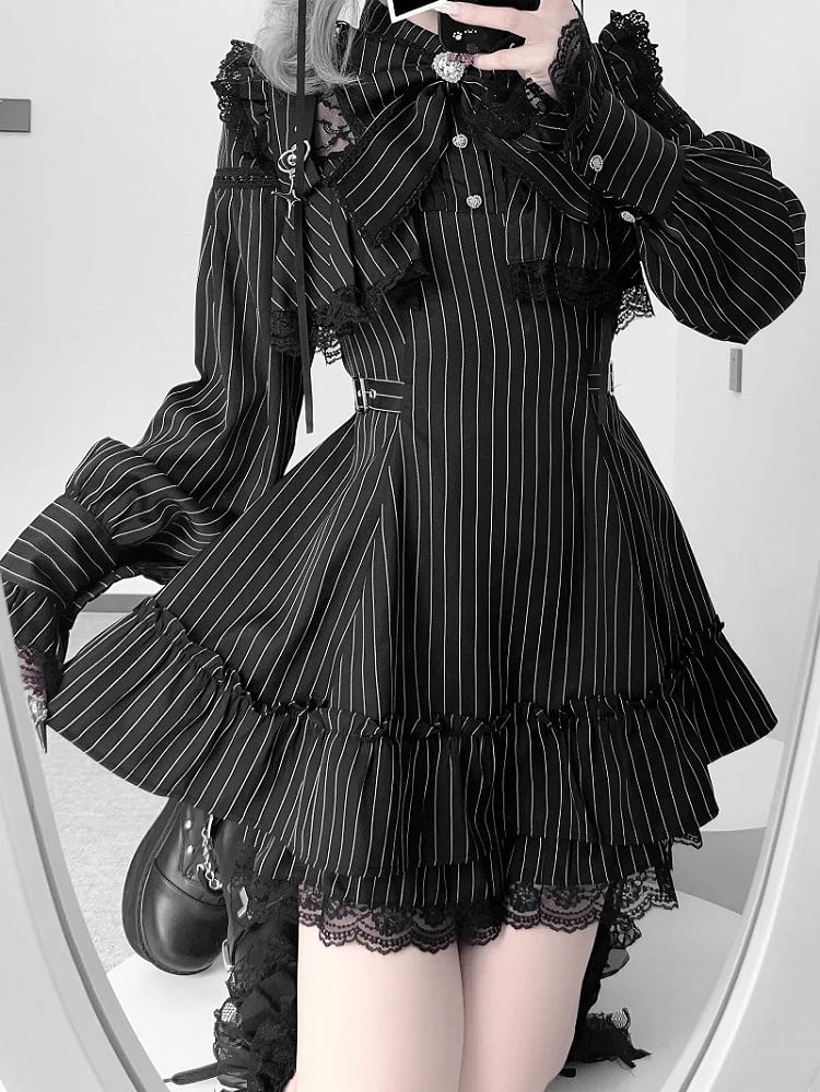 Tie Ruffled Matching Kei Striped Set Dress Jirai Long-Sleeve Bow Lace Shorts Black +