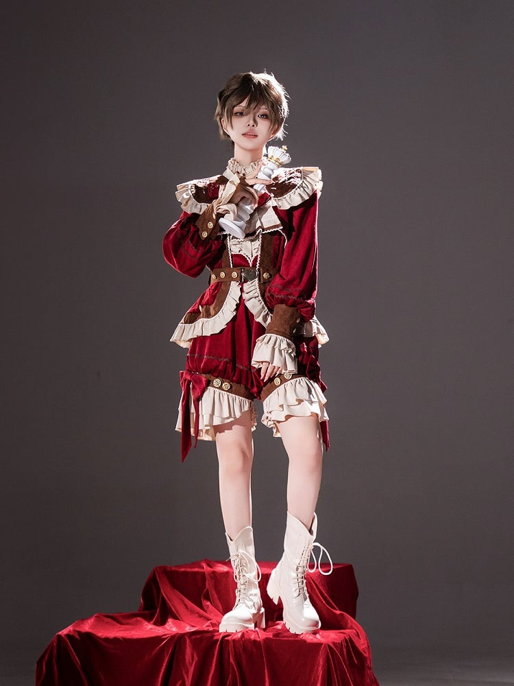 Pieces Set-Beige Ouji Aristocrat Lolita Waist Fashion Red Shirt+Coat+High Christmas Three Shorts