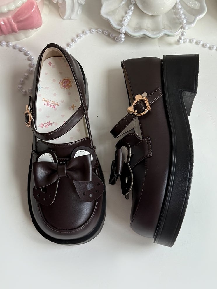 in Style Bear-shaped PU Preppy Bear and Ear Fastener Matte Shoes Removable Bow Brown Mid-heel Leather