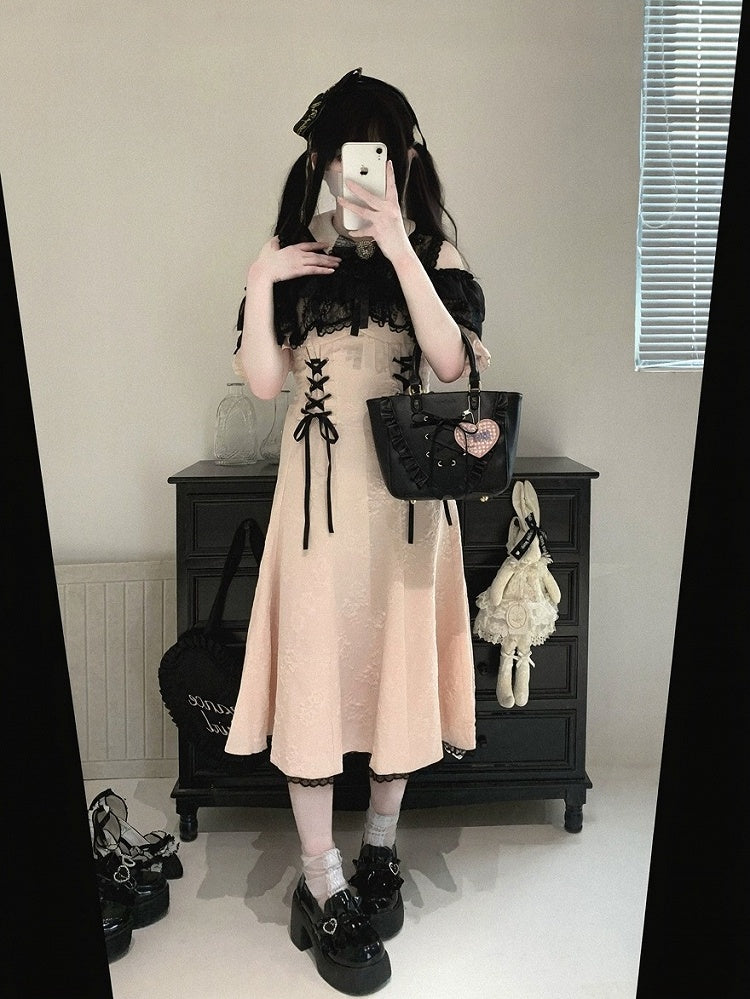 Off-Shoulder Jacquard Dress with Bow Accents, Peter Pan Collar, 4 Colorways - Kitty Bxllet