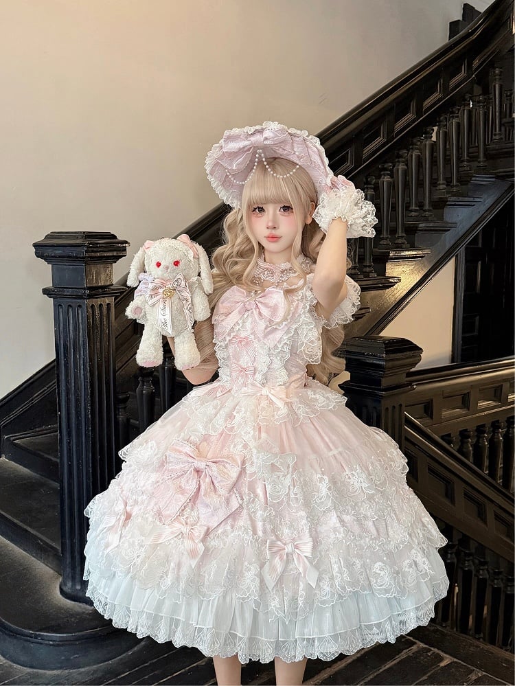JSK Bow Full Multi-Layer Lolita Dress Back / Hanayome-Style With Trim Decor + Set Lace Pink
