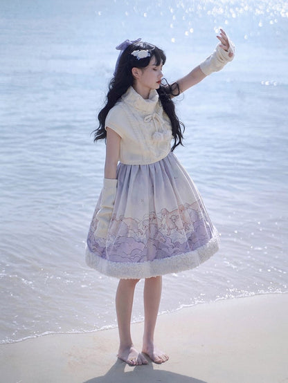 Lolita Top Knit Sheep Winter and Print Set Sleeves Dress Cloud Sweet for Autumn Purple +